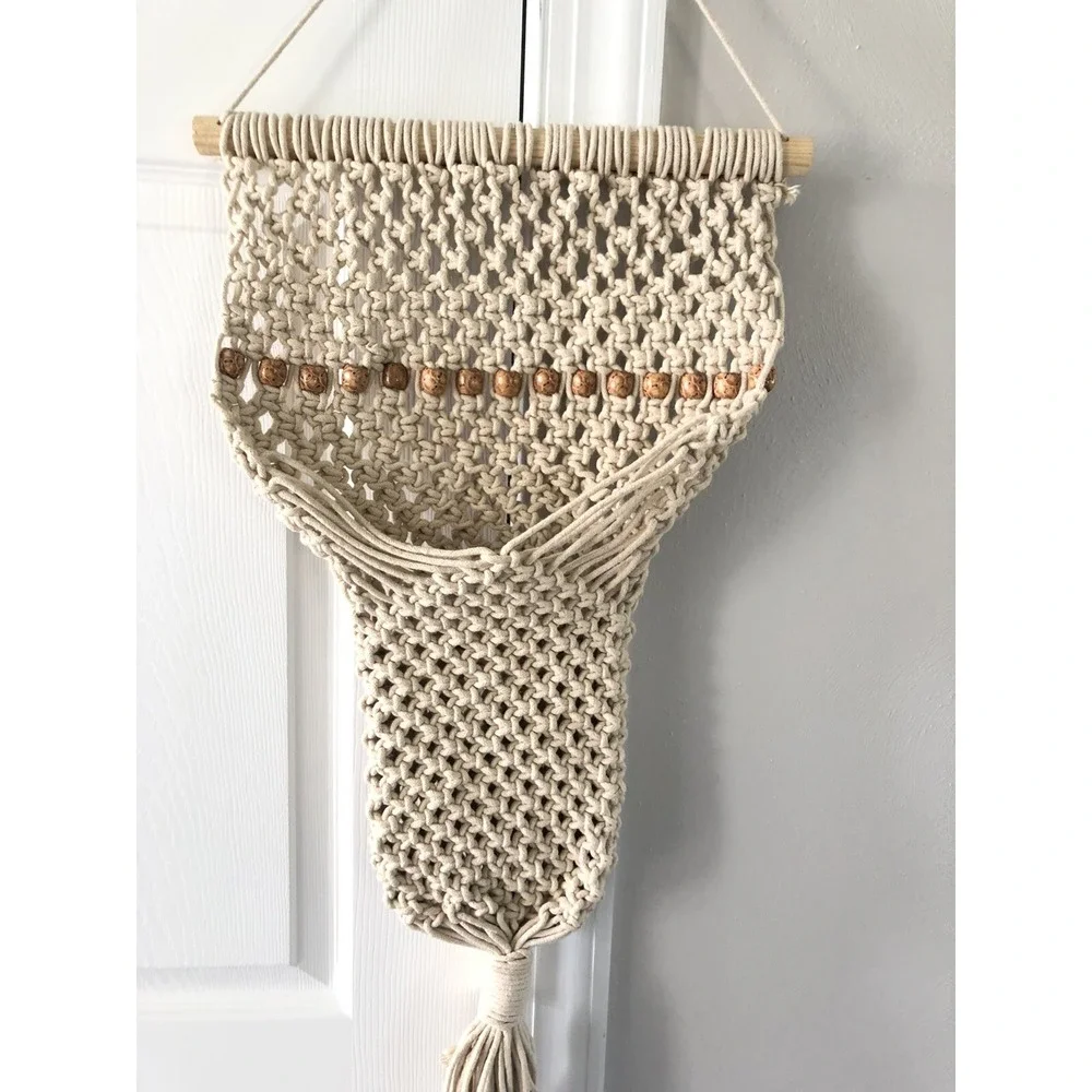Handmade Macrame Hanging Plant Holder Hanger Wood Beads MCM Boho